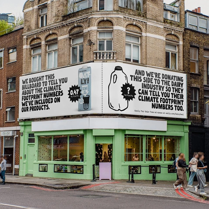 Dairy Brands creative ad: Split billboard: oat milk carton vs outlined dairy jug