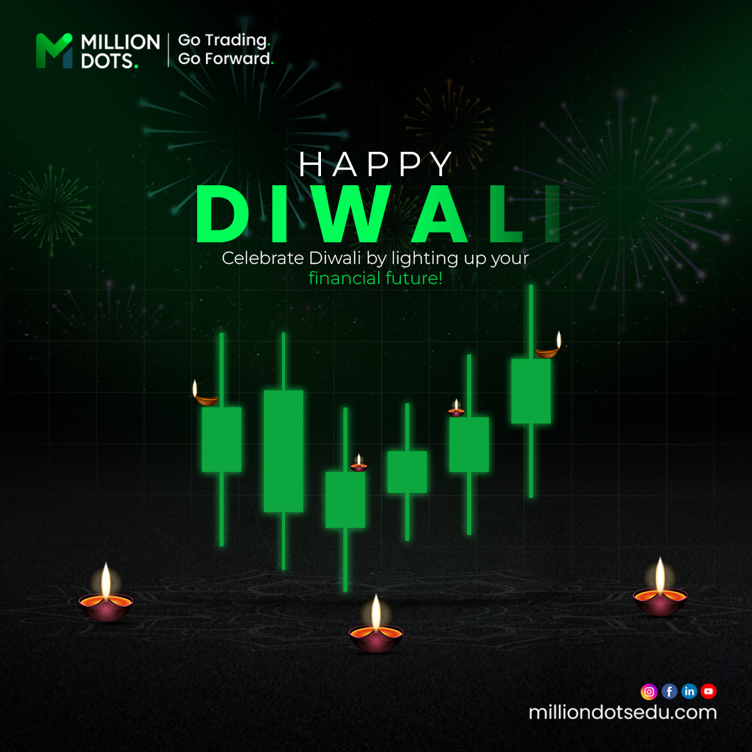 Diwali Instagram post: Green trading candlesticks topped with lit diyas