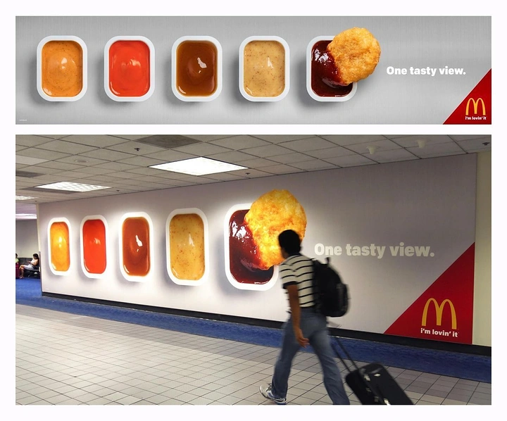 Fast Food creative ad: Sauce tubs styled as airplane windows with a nugget dipping
