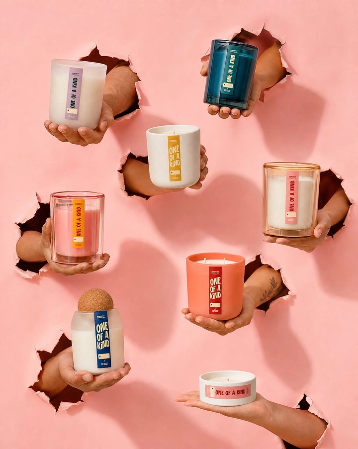 Candles & Home Fragrance creative ad: Hands burst through paper offering candles
