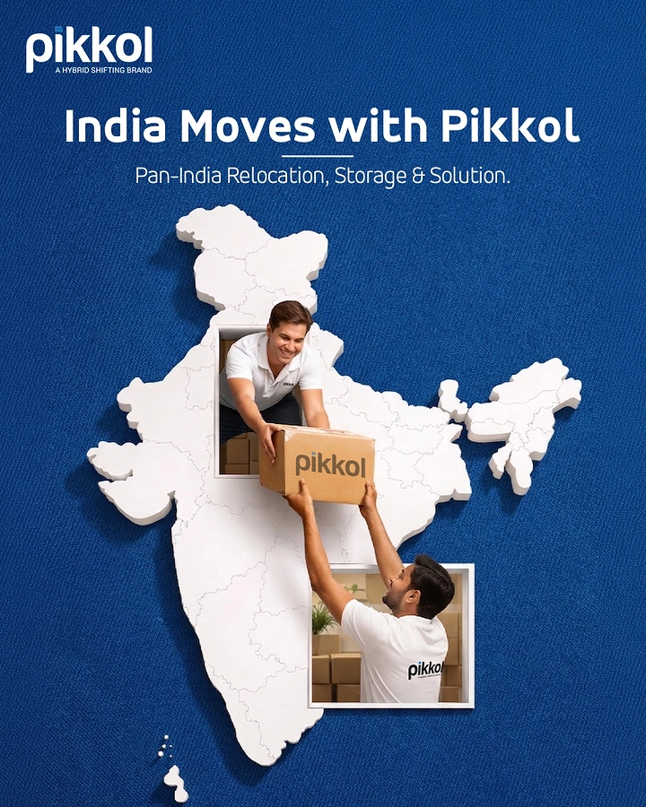 Movers & Packers creative ad: India map as box passed between movers