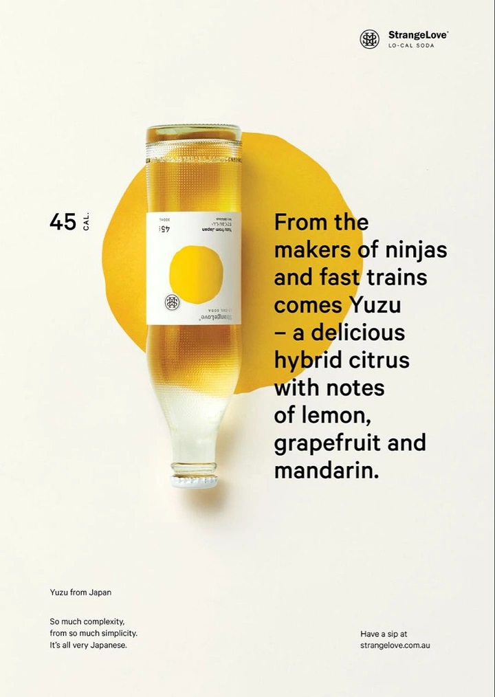 Soft Drinks & Beverages creative ad: Upside-down yuzu soda bottle over a yellow painted circle