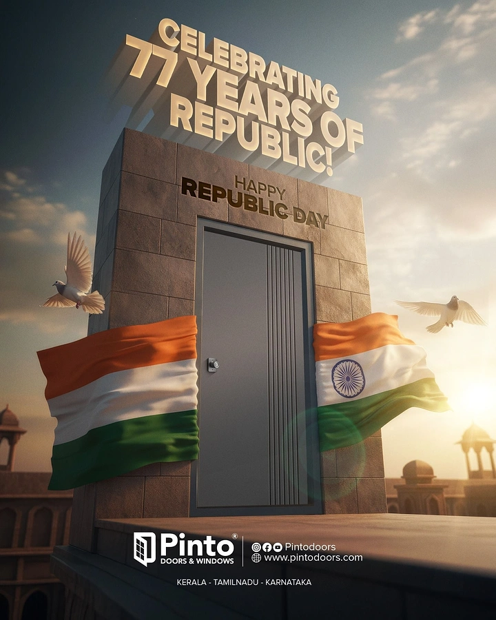 Republic Day creative ad: Grey product door set in a stone pillar draped with flags