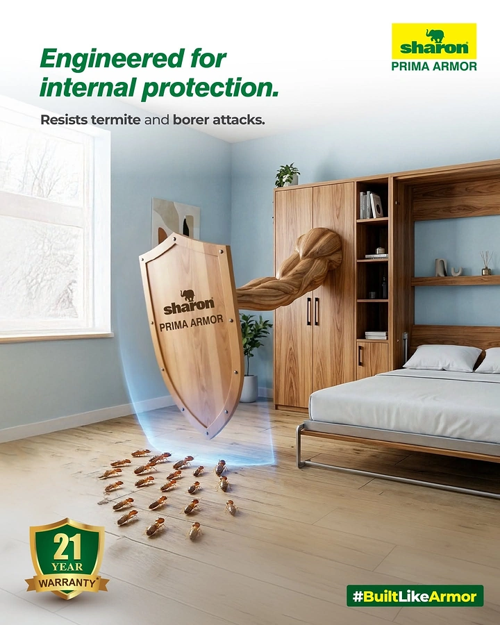 Carpenters & Woodwork creative ad: Plywood shield blocking termite army metaphor