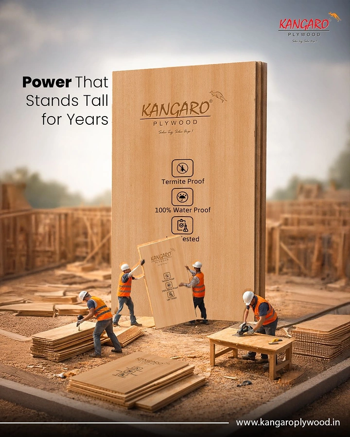 Carpenters & Woodwork creative ad: Giant plywood sheet as monument, tiny workers