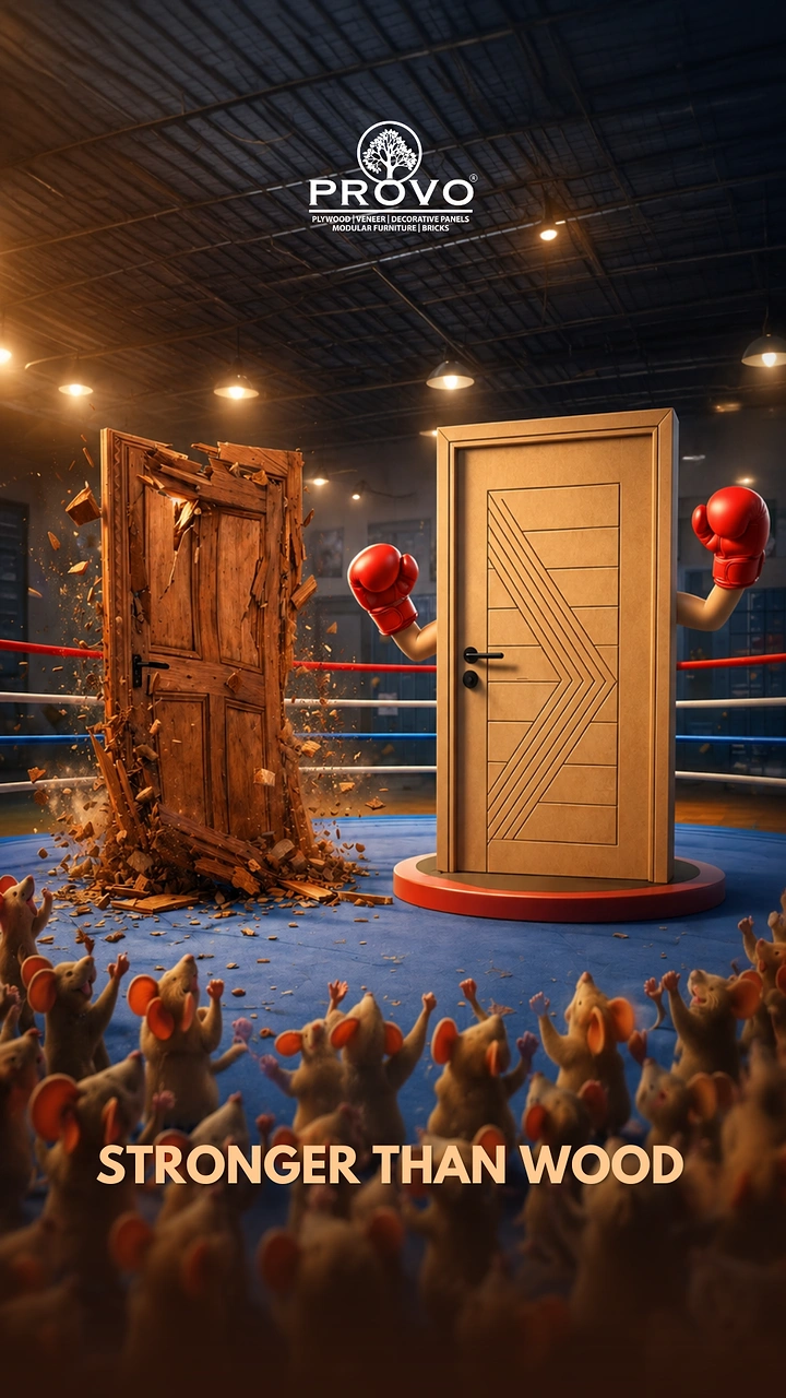 Carpenters & Woodwork creative ad: Door boxing smashed wooden door, 'Stronger Than Wood'