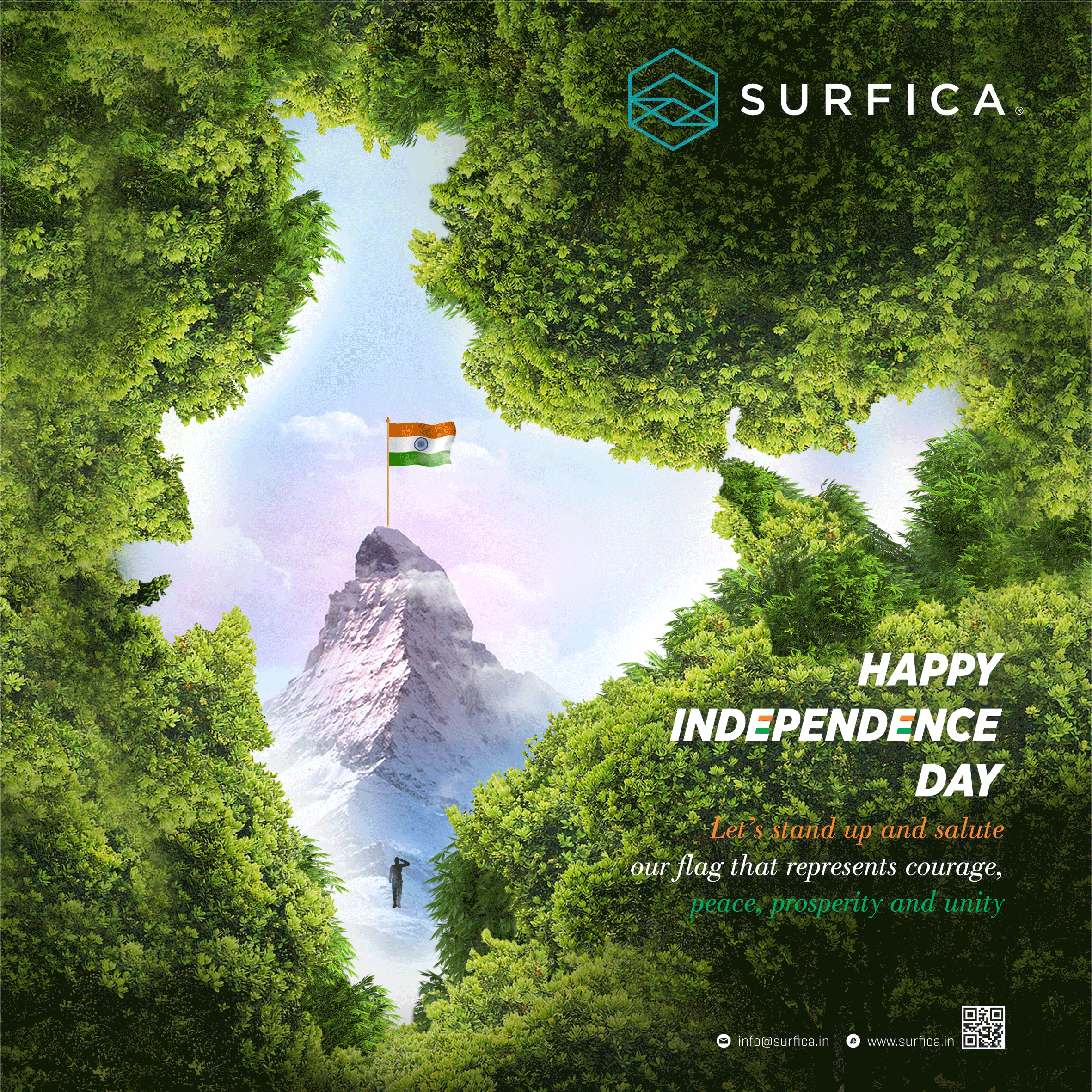 India-map-shaped sky opening in a forest canopy, showing a flagged mountain peak