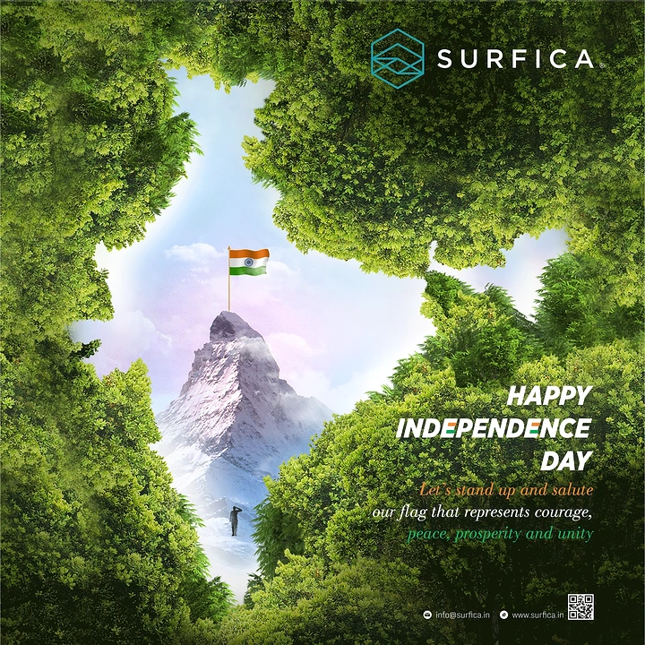 Independence Day creative ad: India-map-shaped sky opening in a forest canopy, showing a flagged mountain peak