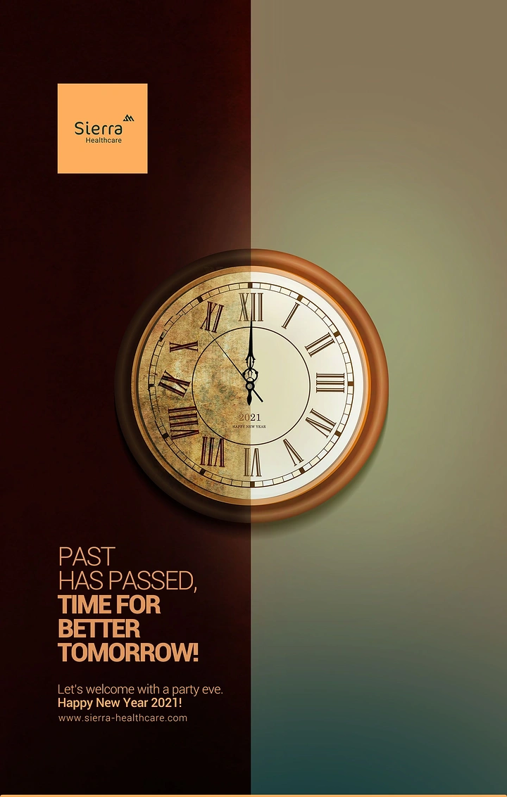 New Year creative ad: Vintage wall clock at midnight split between aged and fresh halves