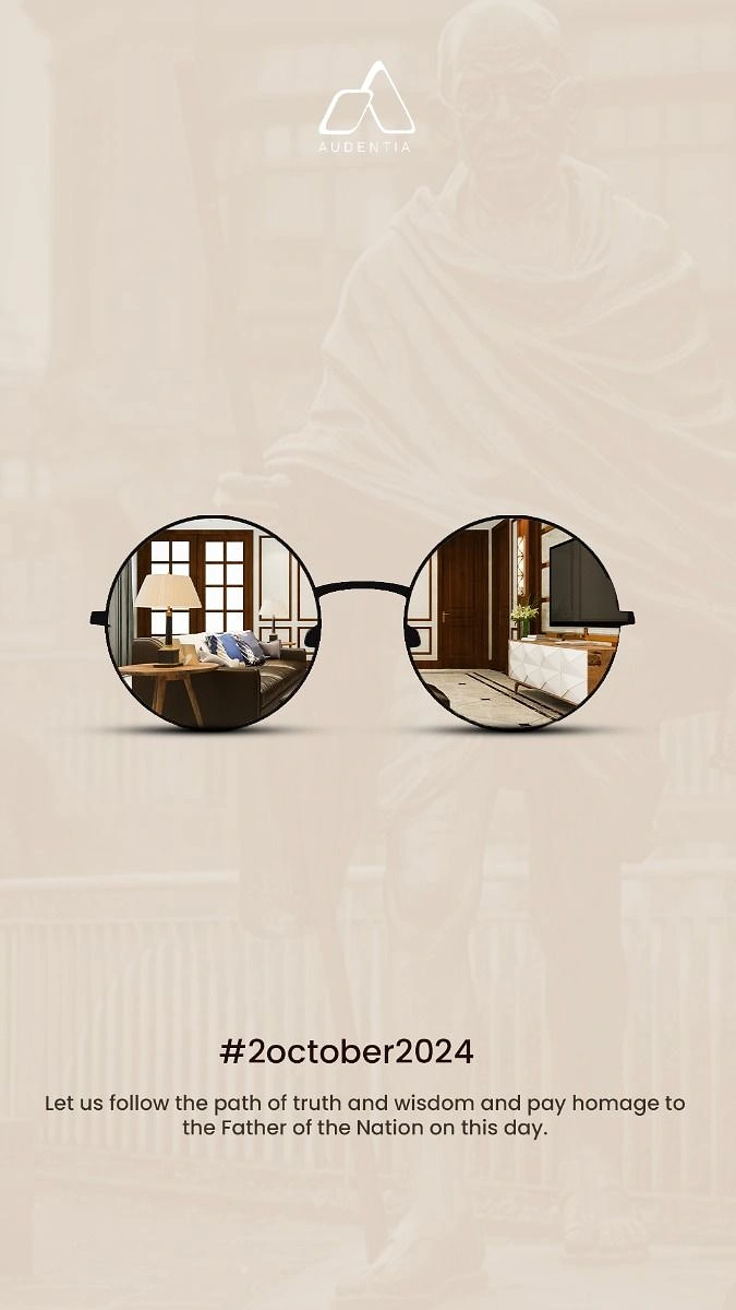 Gandhi Jayanti creative ad: Round Gandhi spectacles framing interior rooms