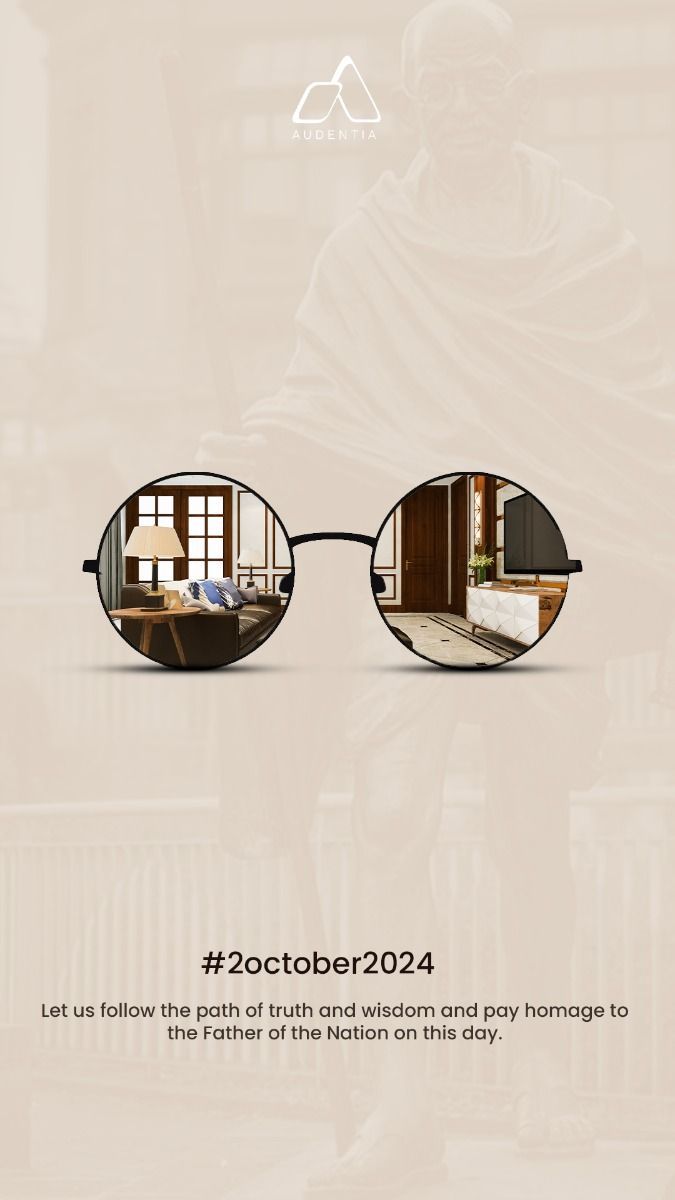 Round Gandhi spectacles framing interior rooms
