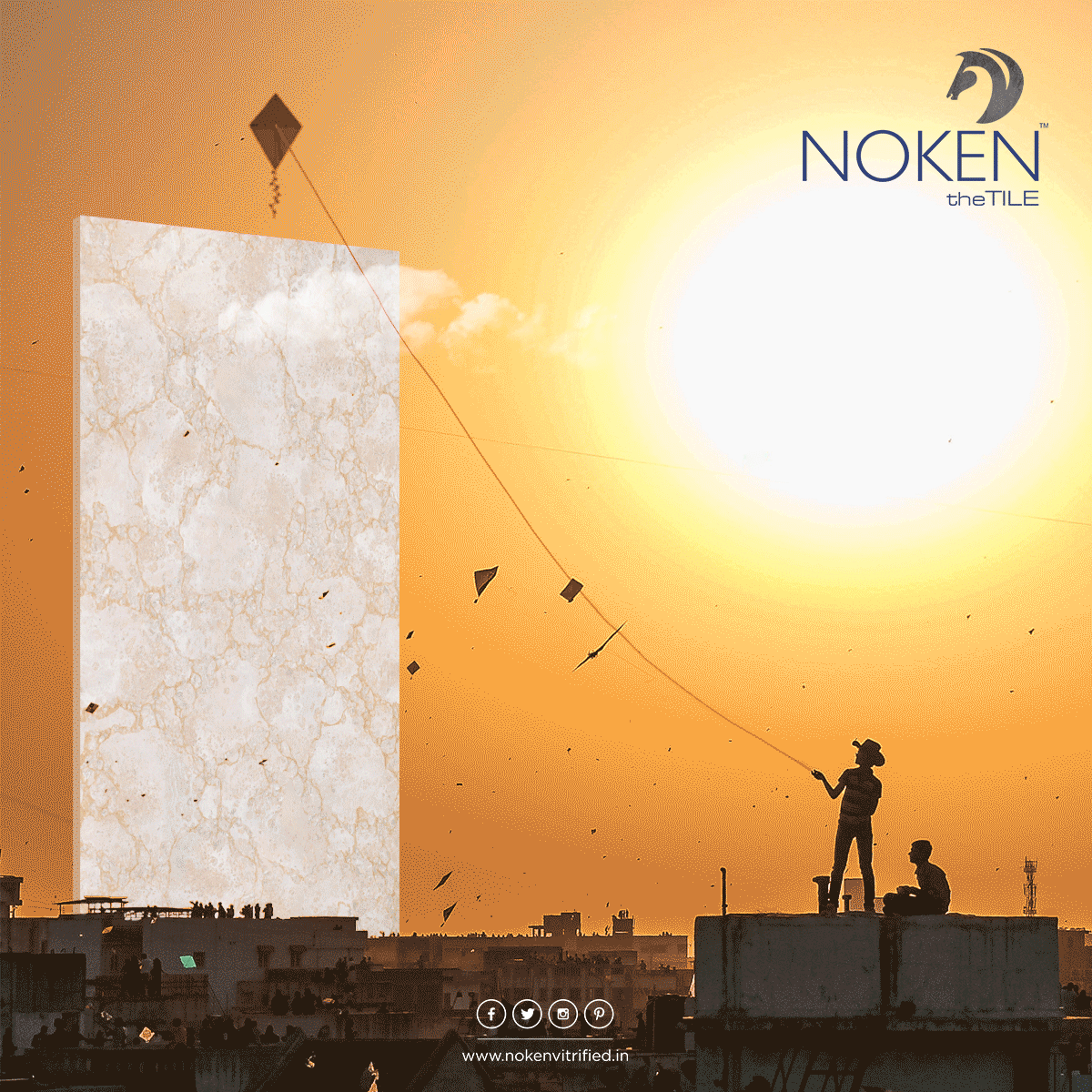 Giant marble tile slab rising like a building as silhouetted kids fly kites at sunset