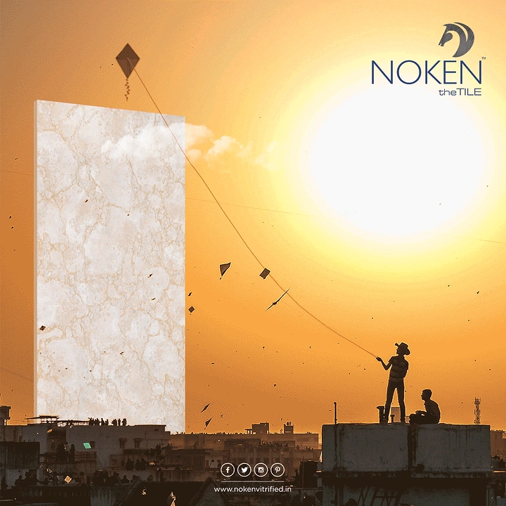 Makar Sankranti creative ad: Giant marble tile slab rising like a building as silhouetted kids fly kites at sunset