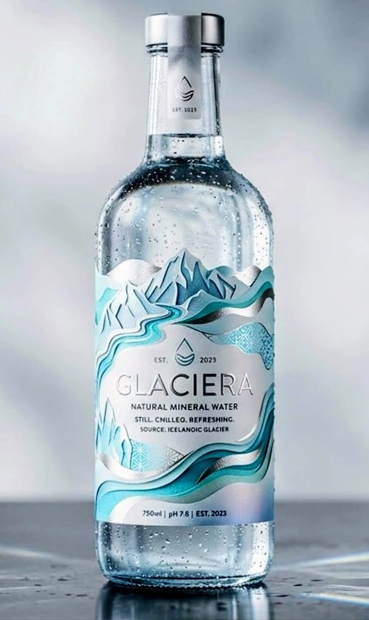 Packaged Drinking Water creative ad: Glacier bottle paired with mountain landscape