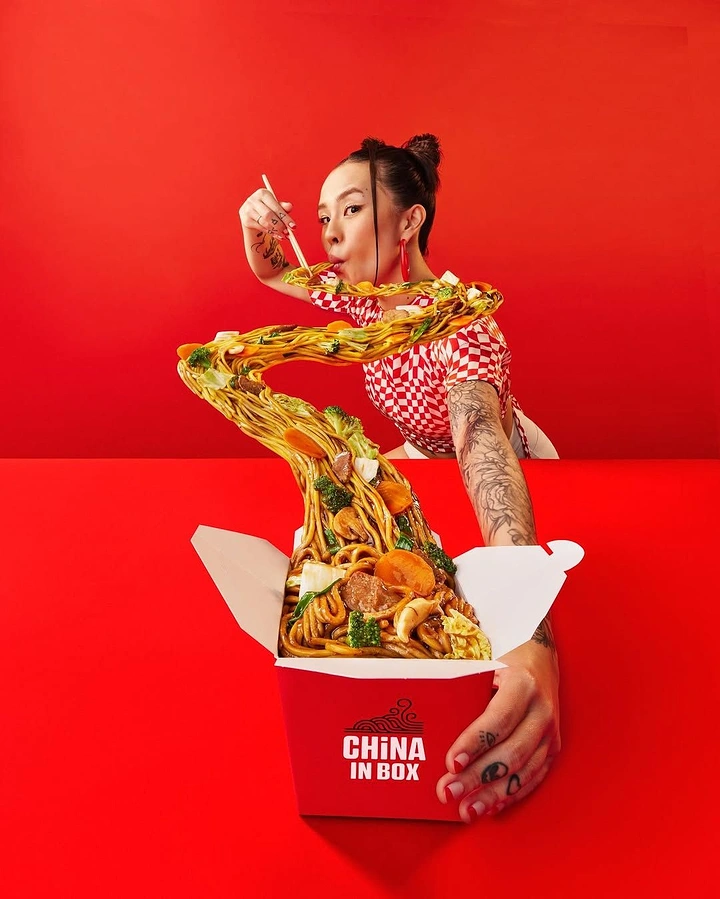 Chinese Restaurants creative ad: Dynamic giant-noodle China-in-box campaign