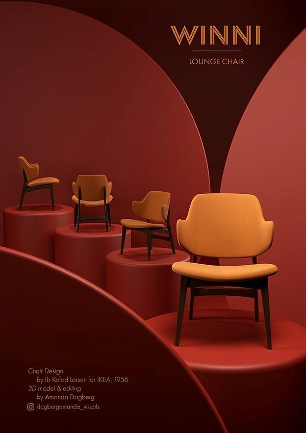Furniture creative ad: Mustard upholstered lounge chairs on stepped red pedestals