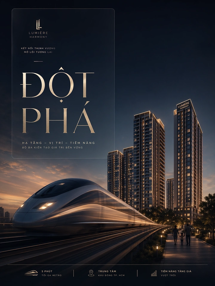 Creative ad: Bullet-style metro train speeding past lit high-rise residential towers at dusk