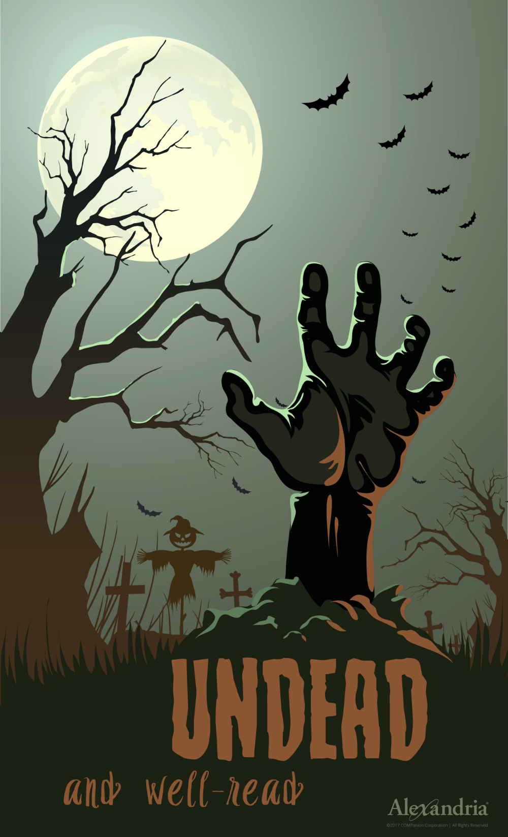 Halloween Poster: Zombie hand rising from a grave under a full moon
