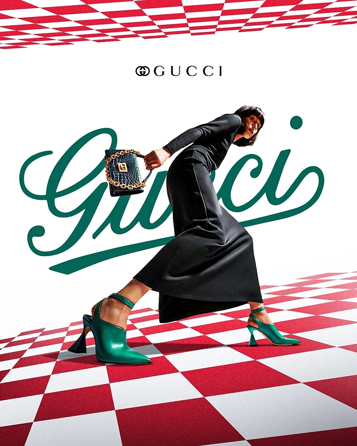 Creative ad: Model mid-stride in black dress with green heels and croc handbag