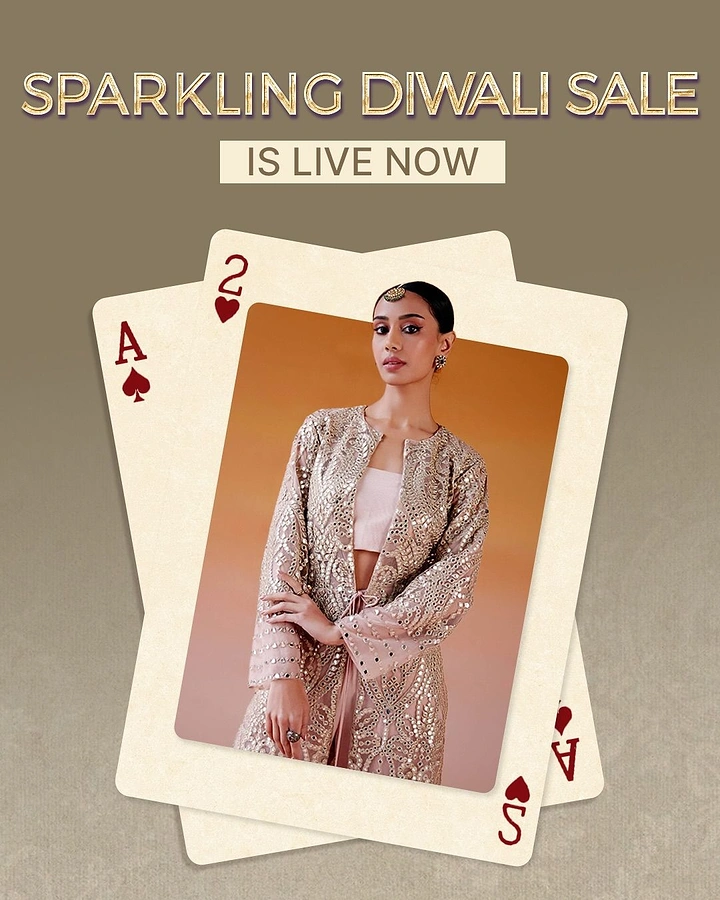 Diwali creative ad: Model in mirror-work ethnic jacket framed inside a playing card