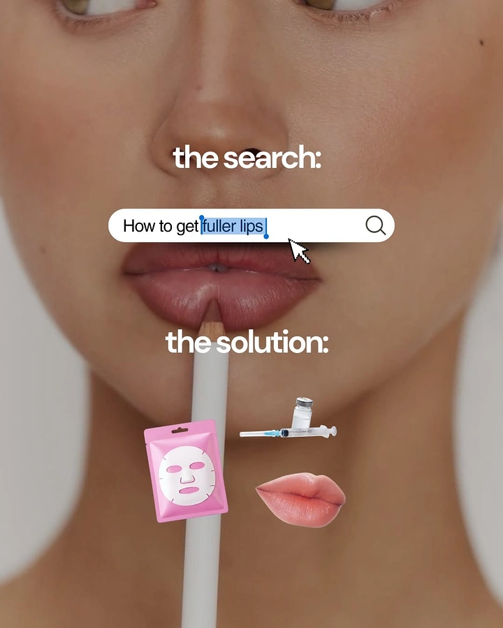 Skin & Cosmetic Clinics creative ad: Close-up of lips with lip liner, a search bar overlay and cutout beauty items