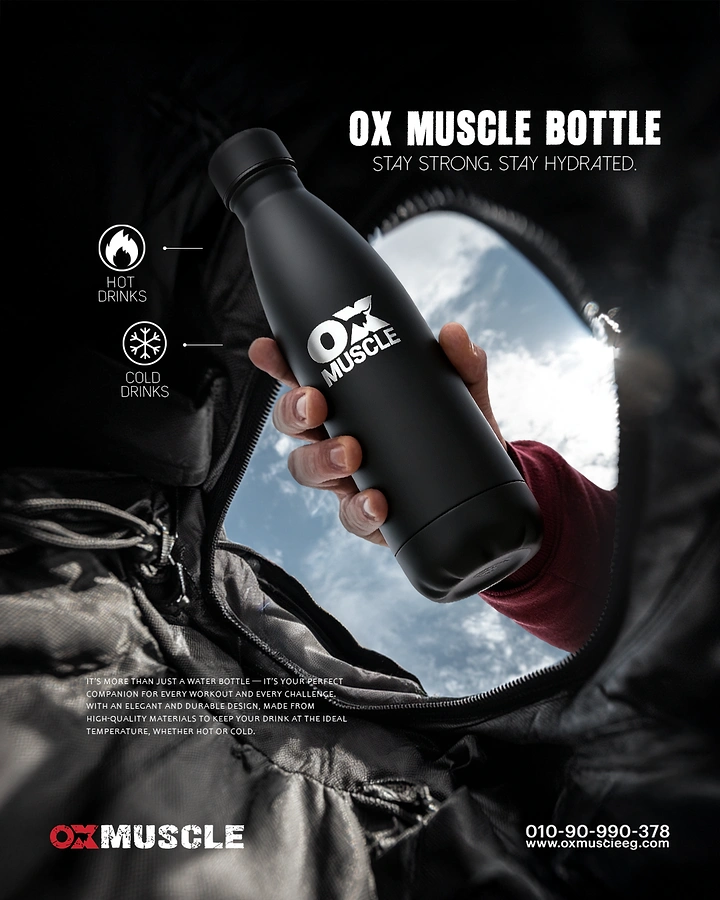 Sports Goods Stores creative ad: Hand holding a matte black insulated bottle out of a jacket opening against the sky