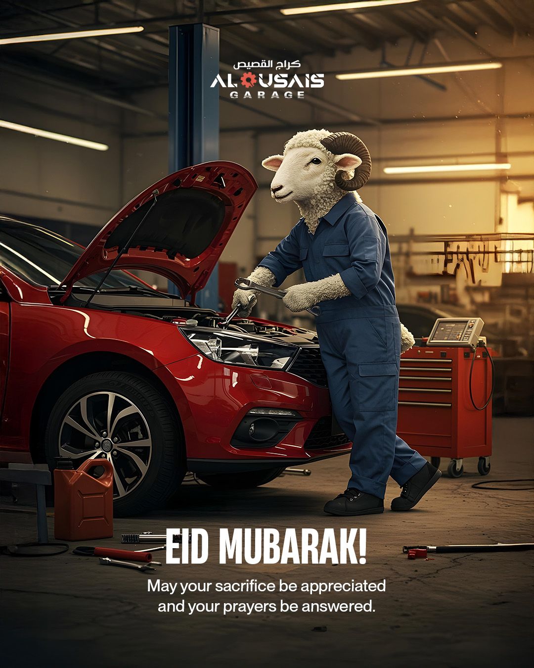 Ram in blue overalls repairing a red car