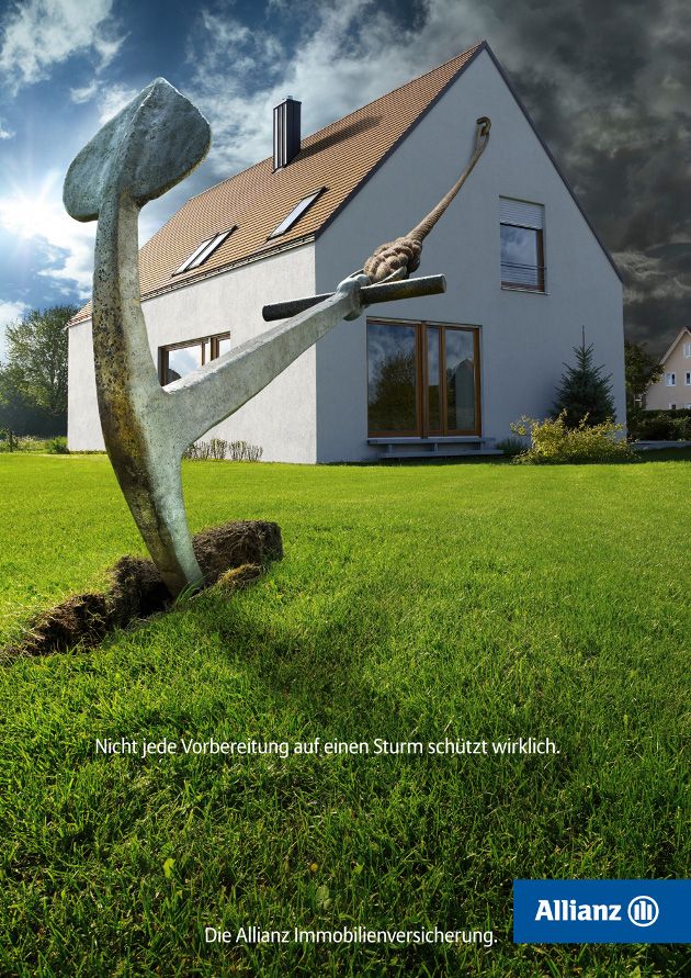 Poster: Giant ship anchor dug into a lawn, roped to a house