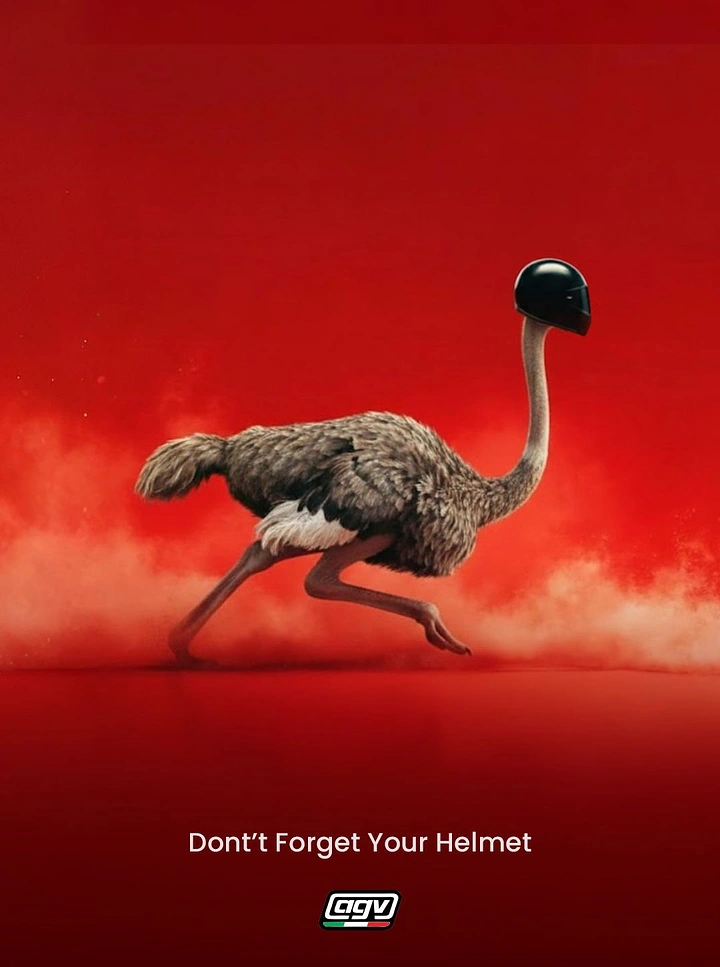 Helmets & Riding Gear creative ad: Ostrich hiding-head safety metaphor
