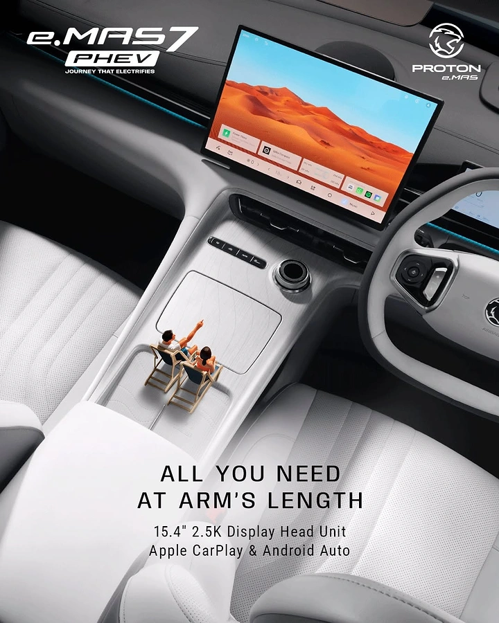 Electric Vehicles creative ad: Top-down view of a white EV cabin with a large touchscreen and miniature couple on deck chairs