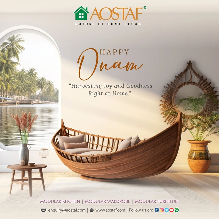 Onam creative ad: Boat-shaped wooden daybed in a sunlit minimal room overlooking backwaters