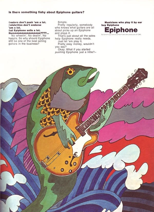 Musical Instrument Stores creative ad: A green fish musician playing an electric guitar