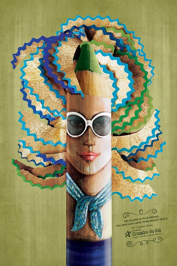 Education creative ad: Pencil painted as a woman's face with shaving hair