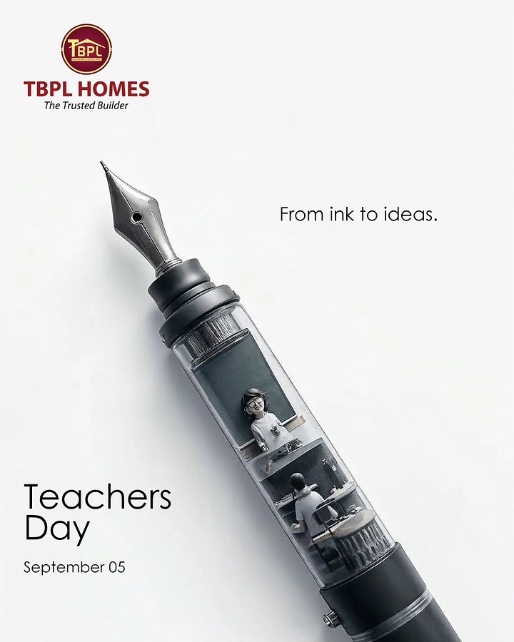 Teachers Day creative ad: Fountain pen with a transparent barrel holding a tiny classroom scene
