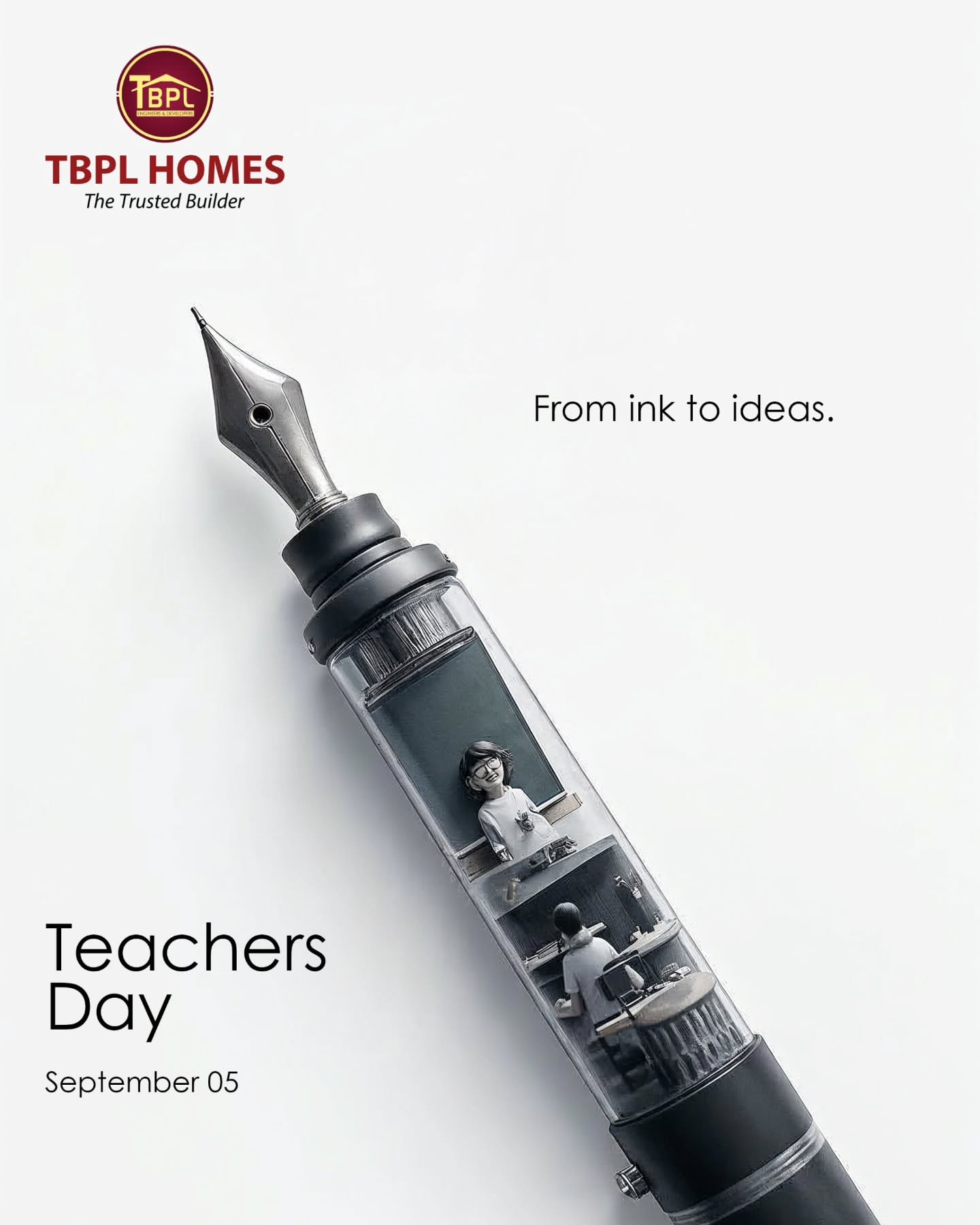 Fountain pen with a transparent barrel holding a tiny classroom scene