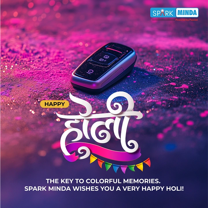 Holi creative ad: Car smart key fob resting on magenta and purple gulal powder