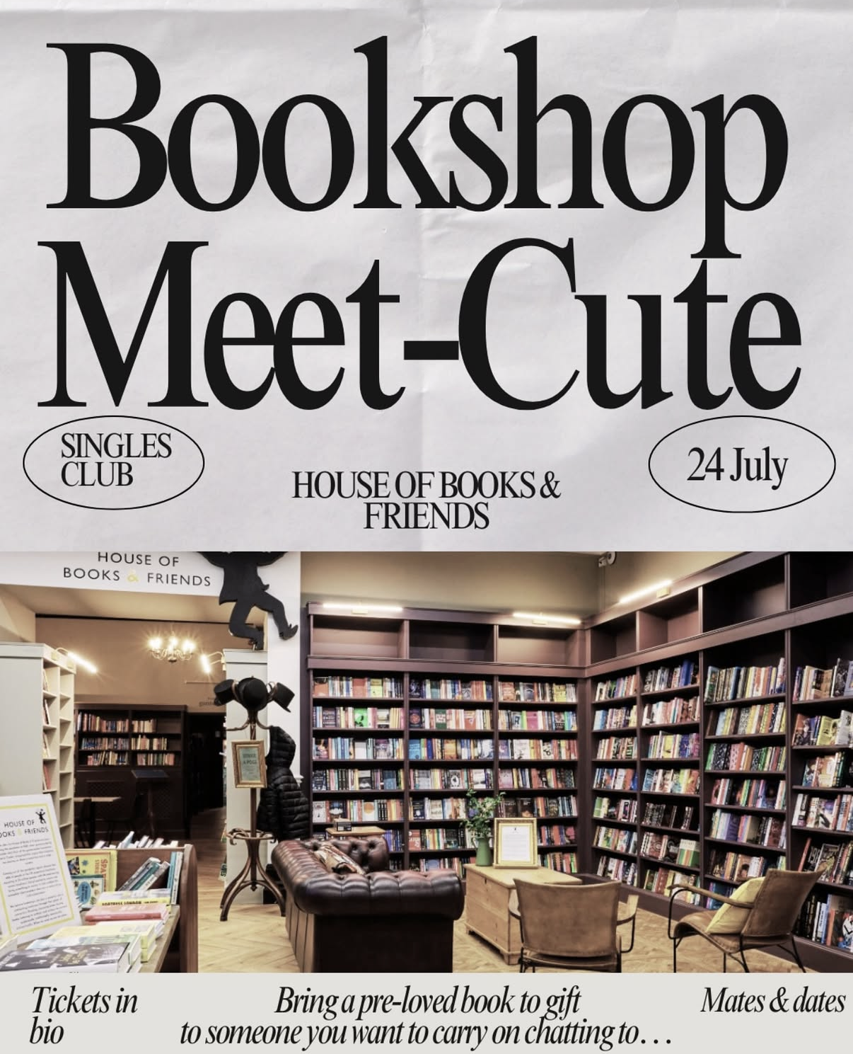 Bookshop singles night, bold editorial type