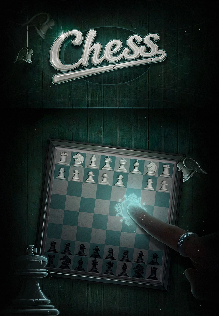 Board Games & Game Cafes creative ad: Chessboard hand creates atmospheric visual metaphor