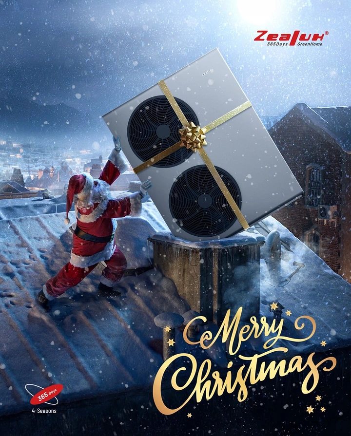 Solar & Energy creative ad: Santa pushing a gift-wrapped heat pump unit into a snowy chimney