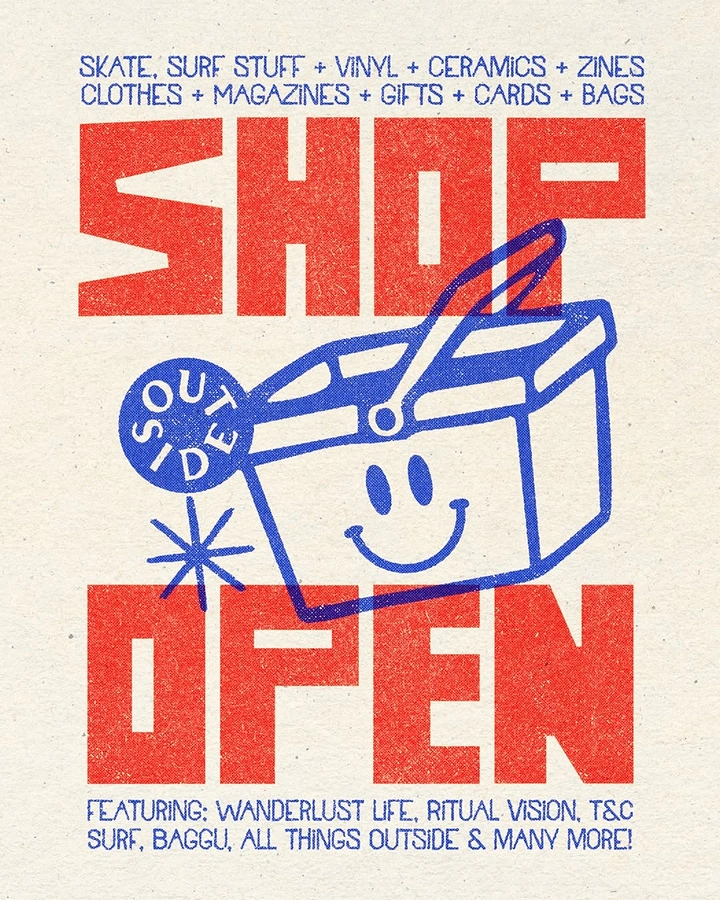 Creative ad: Smiling cartoon shopping basket between giant stencil letters