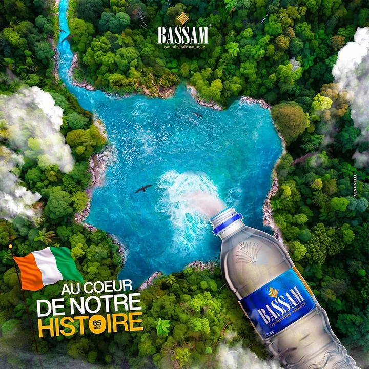 Independence Day creative ad: Tilted water bottle pouring into a country-shaped lake in aerial jungle