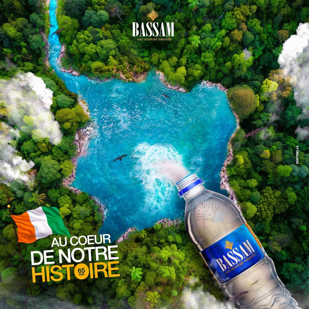 Independence Day Instagram post: Tilted water bottle pouring into a country-shaped lake in aerial jungle