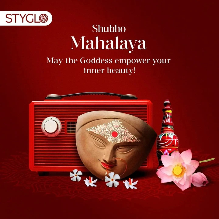 Durga Puja creative ad: Clay Durga face leaning on a vintage red radio