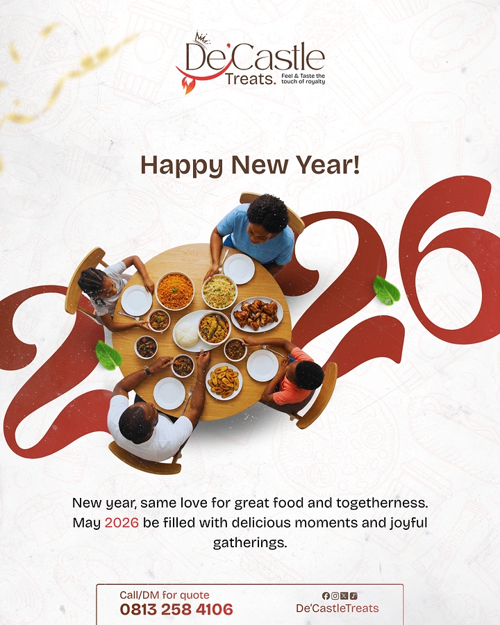 New Year creative ad: Overhead shot of a family sharing a meal at a round table, set into giant 2026 numerals