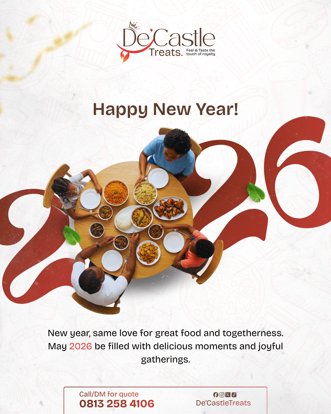 New Year Instagram post: Overhead shot of a family sharing a meal at a round table, set into giant 2026 numerals