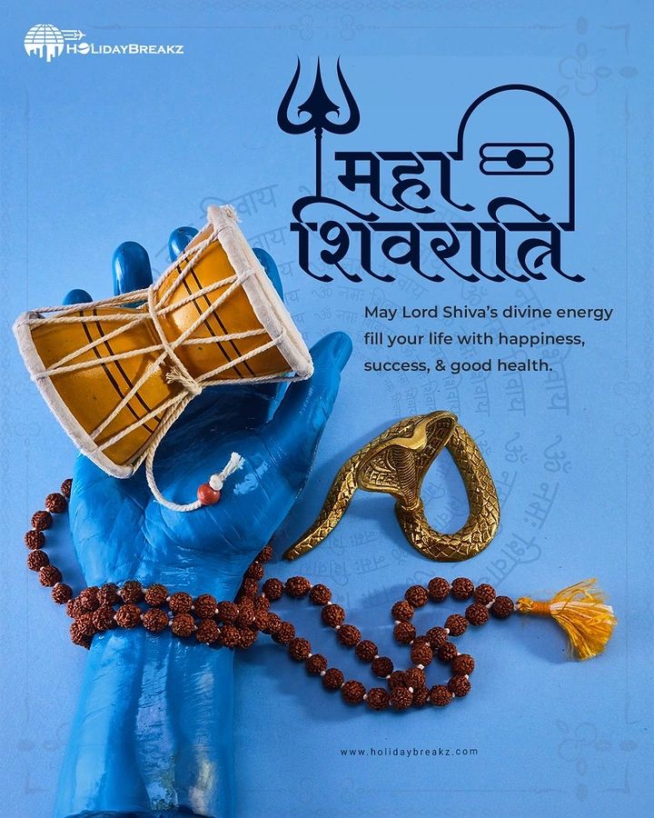 other-festival creative ad: Blue Shiva hand holding a damru with a rudraksha mala and brass snake