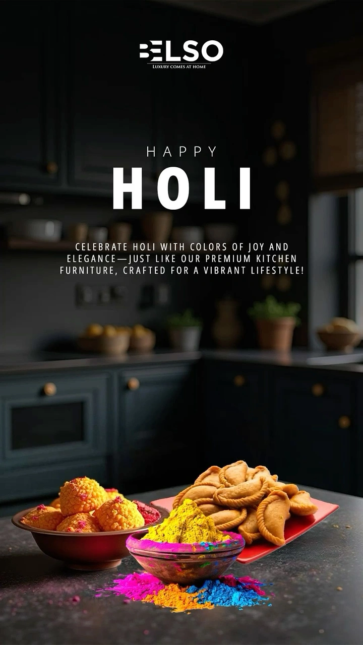 Holi creative ad: Holi sweets and gulal on a dark kitchen countertop