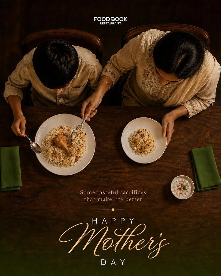 Mother's Day creative ad: Overhead view of a mother giving her son the chicken piece from her biryani