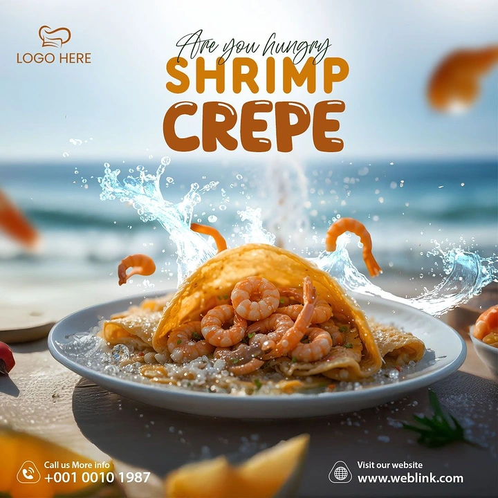 Seafood Restaurants creative ad: Shrimp crepe staged in splash action