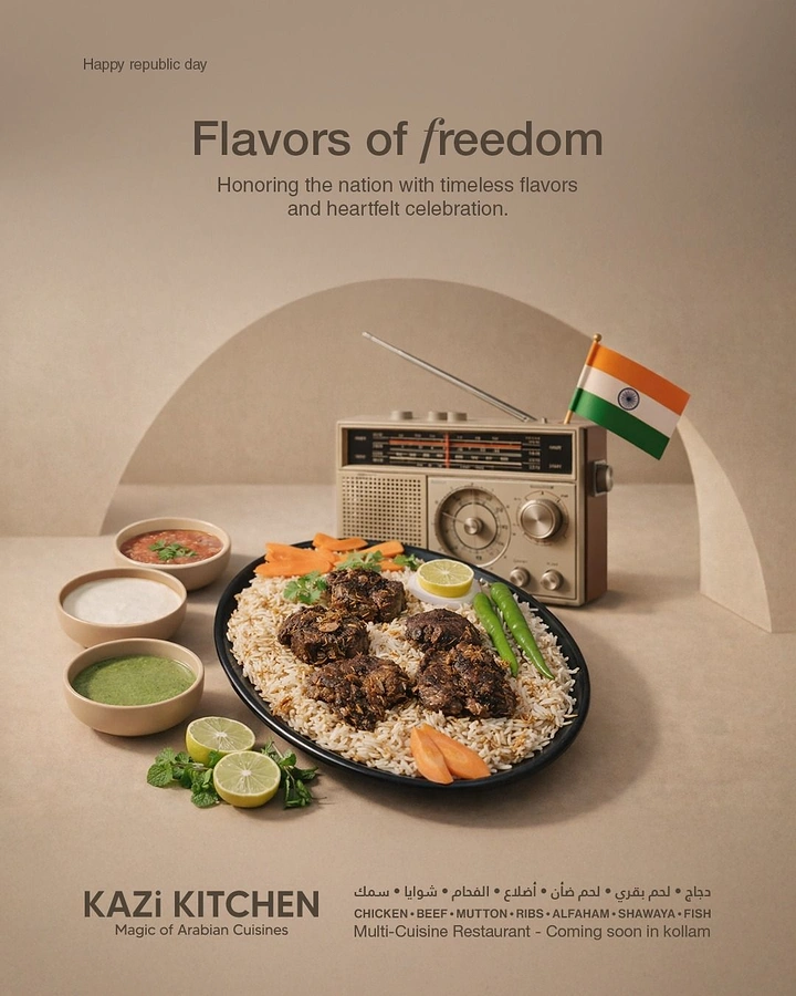 Republic Day creative ad: Arabian mandi rice platter with a vintage radio and small Indian flag